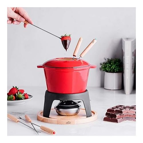  Lacor - 71711 - Fondue Set of Enamelled Iron, Iron Stand with Wooden Base, Suitable for Induction Cookers, 6 Tendons, Diameter 16.5 x 10 cm (1.7 Litres), Red