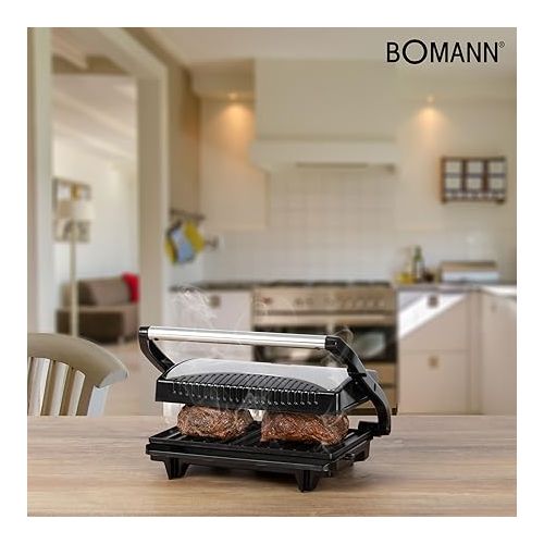  Bomann MG 2251 CB elektrischer Kontaktgrill, Multigrill, Elektrogrill fur beidseitiges & fettfreies Grillen, antihaftbeschichtete Platten, Kabelaufwicklung, 700 W, edelstahl