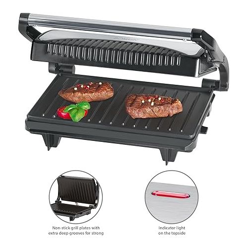  Bomann MG 2251 CB elektrischer Kontaktgrill, Multigrill, Elektrogrill fur beidseitiges & fettfreies Grillen, antihaftbeschichtete Platten, Kabelaufwicklung, 700 W, edelstahl