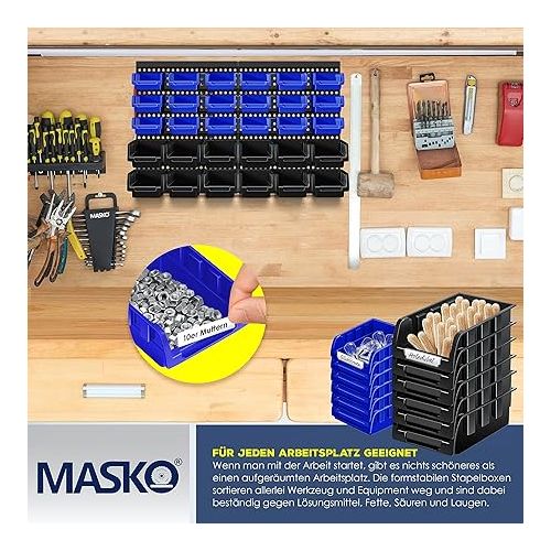  MASKO® 32-Piece Wall Shelf System with Stacking Boxes, Storage Boxes, Boltless Shelving, Workshop Hanging Shelf, Sorting Boxes, Small Parts Boxes, Black/Blue