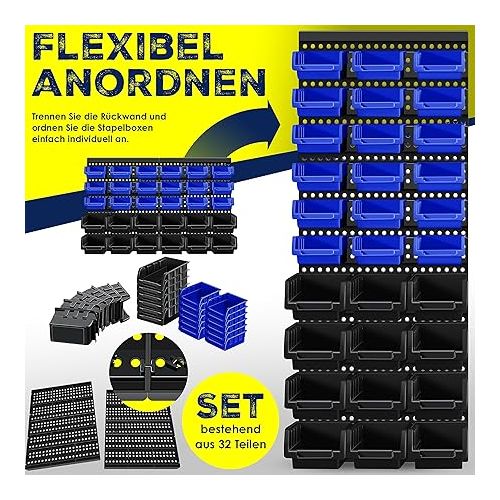  MASKO® 32-Piece Wall Shelf System with Stacking Boxes, Storage Boxes, Boltless Shelving, Workshop Hanging Shelf, Sorting Boxes, Small Parts Boxes, Black/Blue