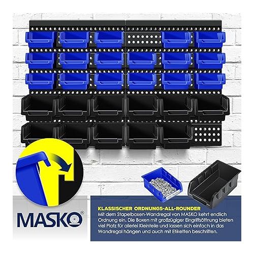  MASKO® 32-Piece Wall Shelf System with Stacking Boxes, Storage Boxes, Boltless Shelving, Workshop Hanging Shelf, Sorting Boxes, Small Parts Boxes, Black/Blue