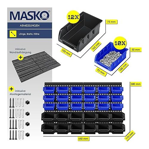 MASKO® 32-Piece Wall Shelf System with Stacking Boxes, Storage Boxes, Boltless Shelving, Workshop Hanging Shelf, Sorting Boxes, Small Parts Boxes, Black/Blue