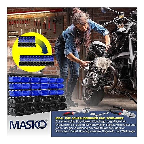  MASKO® 32-Piece Wall Shelf System with Stacking Boxes, Storage Boxes, Boltless Shelving, Workshop Hanging Shelf, Sorting Boxes, Small Parts Boxes, Black/Blue