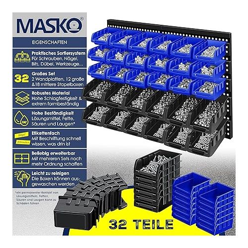  MASKO® 32-Piece Wall Shelf System with Stacking Boxes, Storage Boxes, Boltless Shelving, Workshop Hanging Shelf, Sorting Boxes, Small Parts Boxes, Black/Blue