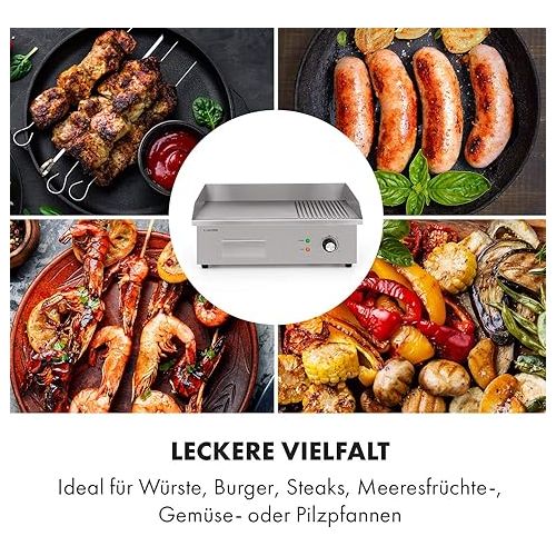  Klarstein Electric grill, grill plate, electric grill plate, table grill, electric grill made of stainless steel, splash guard and collection container, ⅔ smooth & ⅓ ribbed XL grill surface: 54.5 x 35