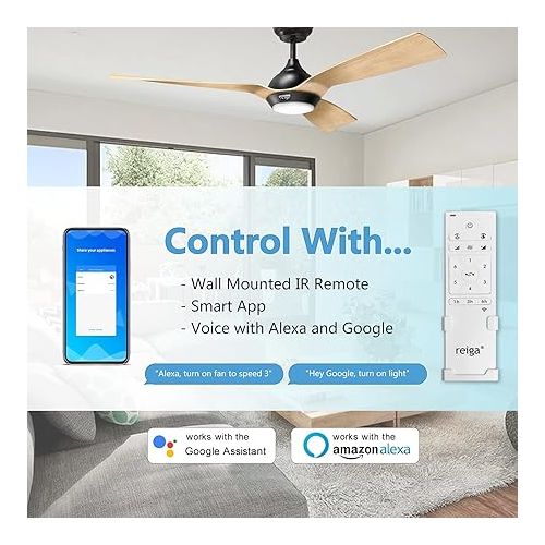  reiga 132 cm Smart Ceiling Fan with Dimmable LED Lighting & Remote Control, 3 Colour Temperatures, DC Motor 6 Speeds, Compatible with Alexa, Google Home App, Wood & Black