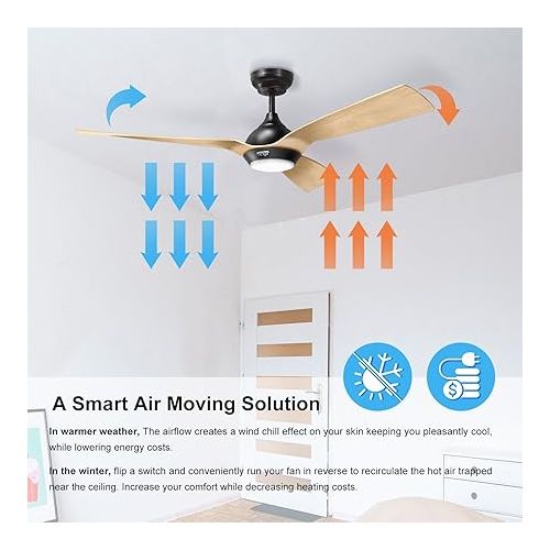  reiga 132 cm Smart Ceiling Fan with Dimmable LED Lighting & Remote Control, 3 Colour Temperatures, DC Motor 6 Speeds, Compatible with Alexa, Google Home App, Wood & Black