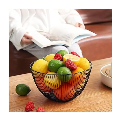  HOMQUEN Fruit Basket, Fruit Bowl, Fruit Basket Made of Metal Wire for the Kitchen, Fruit Bowl for Kitchen Counter, Basket for Fruit, Vegetables, Bread, Snacks, Kitchen Aid (Round High, Black)