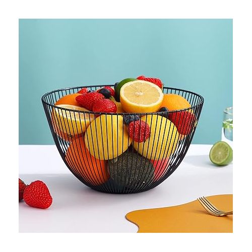  HOMQUEN Fruit Basket, Fruit Bowl, Fruit Basket Made of Metal Wire for the Kitchen, Fruit Bowl for Kitchen Counter, Basket for Fruit, Vegetables, Bread, Snacks, Kitchen Aid (Round High, Black)