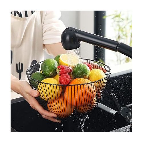  HOMQUEN Fruit Basket, Fruit Bowl, Fruit Basket Made of Metal Wire for the Kitchen, Fruit Bowl for Kitchen Counter, Basket for Fruit, Vegetables, Bread, Snacks, Kitchen Aid (Round High, Black)