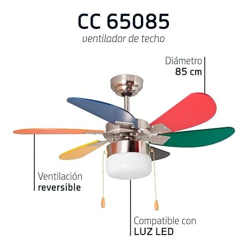  Orbegozo CC 65085 - Ceiling Fan with Light, 6 blades Multicolor, Diameter 85 cm, Power 55 W and 3 Speeds