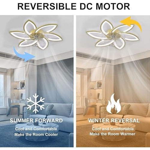  Depuley LED Deckenlampe mit Ventilator Dimmar, Modern Deckenventilator mit Beleuchtung Leise, Mit Fernbedienung und APP 6-Gang Fur Wohnzimmer Schlafzimmer Esszimmer Gold,6 Licht