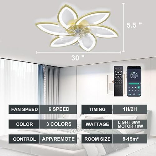  Depuley LED Deckenlampe mit Ventilator Dimmar, Modern Deckenventilator mit Beleuchtung Leise, Mit Fernbedienung und APP 6-Gang Fur Wohnzimmer Schlafzimmer Esszimmer Gold,6 Licht