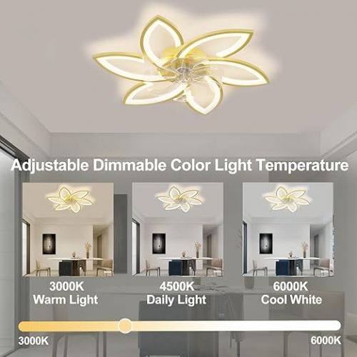  Depuley LED Deckenlampe mit Ventilator Dimmar, Modern Deckenventilator mit Beleuchtung Leise, Mit Fernbedienung und APP 6-Gang Fur Wohnzimmer Schlafzimmer Esszimmer Gold,6 Licht