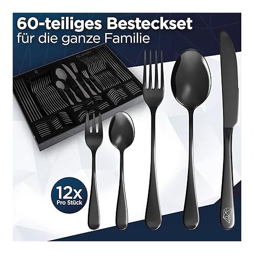  Glavory - Cutlery Set for 12 People Black High Gloss - 60 Pieces - Cutlery Set Dishwasher Safe Made of Rustproof 18/8 Stainless Steel - Black Cutlery with Elegant Packaging