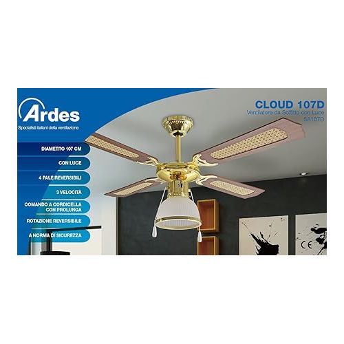  ARDES - AR5A107D Ceiling Fan 4 Blades with Ceiling Light - Ceiling Fan with Light Wood/Viennese Mesh - Ceiling Fan 3 Speeds, Cable Switch Diameter 107 cm, White