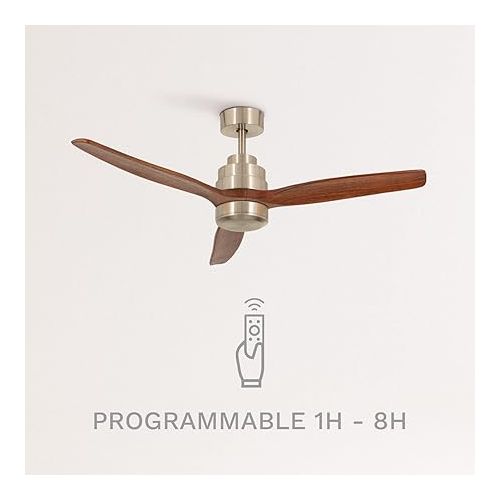  CREATE Windstylance Ceiling Fan Nickel with Remote Control and Wall Switch, Dark Wooden Wings / 40 W, 2 Heights, Diameter 132 cm, 6 Speeds, Timer, DC Motor, Summer Winter Operation