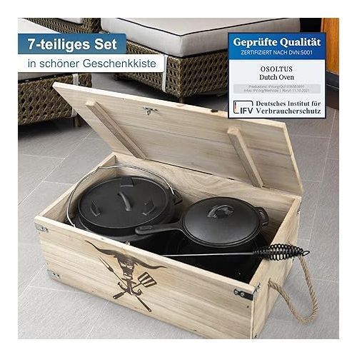  Hausratplus osoltus Cast Iron Dutch Oven 7-Piece Set, Set Gift Wrapped in Wooden Box