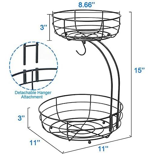  2-Tier Fruit Basket with Banana Holder, Standing Daily Kitchen, Modern Fruit Bowl, Practical Fruit Baskets, Vegetable Basket Made of Metal, Black