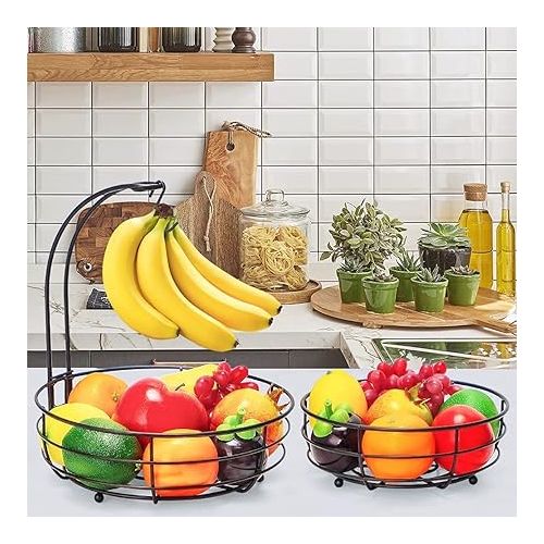  2-Tier Fruit Basket with Banana Holder, Standing Daily Kitchen, Modern Fruit Bowl, Practical Fruit Baskets, Vegetable Basket Made of Metal, Black