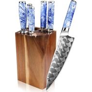 WILDMOK Knife Set with Block, 7 Pieces, Blue and White Porcelain Pattern, Resin Handle Kitchen Knives Including Chef, Bread, Santoku, Utility and Fruit Knife Set with Knife Block and Sharpener