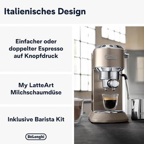  De'Longhi Dedica Arte EC 885.BG, Espresso Portafilter Machine, Espresso Machine with MyLatteArt Milk Foam Nozzle, Compact Design, 15 cm Wide, 1 Litre Water Tank, Suitable for E.S.E Pads, Beige