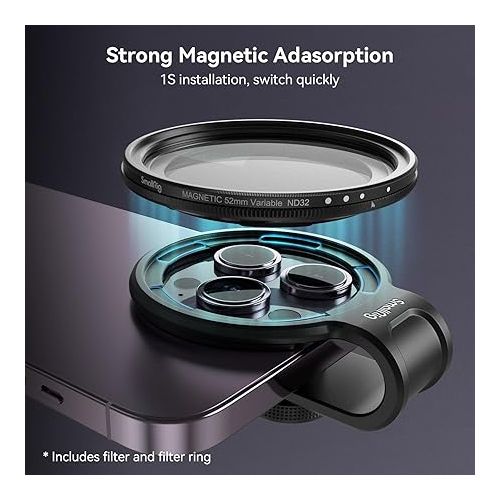  SMALLRIG 52mm Magnetic Variable ND Filter Set, ND2-ND32 (1-5 Stops) VND Filter with Universal Magnetic Filter Ring, No X Cross HD Neutral Density Optical Glass Filter Set - 4387