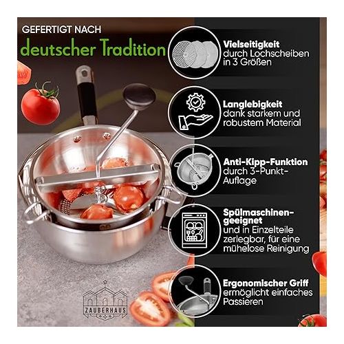  ZAUBERHAUSS Premium Passetout Stainless Steel [3 Extra Sieves] Food Mill + Scraper + Bowl - for Sauces, Jam, Puree, Spaetzle, Baby Food