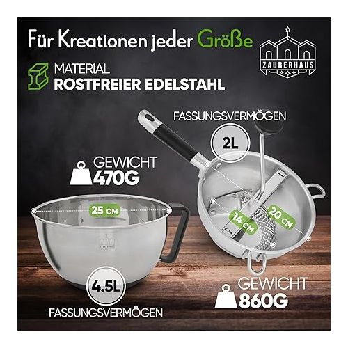  ZAUBERHAUSS Premium Passetout Stainless Steel [3 Extra Sieves] Food Mill + Scraper + Bowl - for Sauces, Jam, Puree, Spaetzle, Baby Food