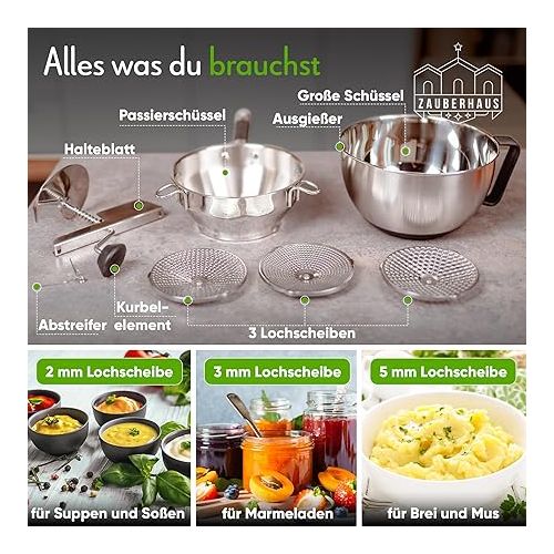  ZAUBERHAUSS Premium Passetout Stainless Steel [3 Extra Sieves] Food Mill + Scraper + Bowl - for Sauces, Jam, Puree, Spaetzle, Baby Food