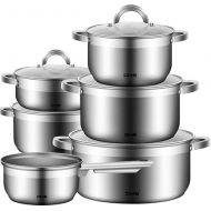 DMS TSE2011C 11-Piece Cooking Pot Set, High-Quality Stainless Steel, Suitable for Induction Hobs, Coated Cooking Set, Kitchen Cookware Set, Easy to Clean, Saucepan, Glass Lid