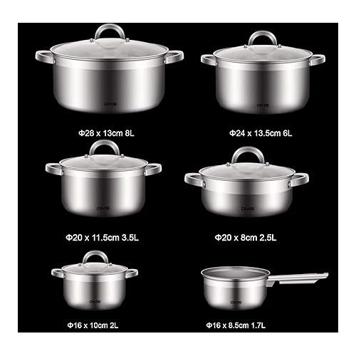  DMS TSE2011C 11-Piece Cooking Pot Set, High-Quality Stainless Steel, Suitable for Induction Hobs, Coated Cooking Set, Kitchen Cookware Set, Easy to Clean, Saucepan, Glass Lid