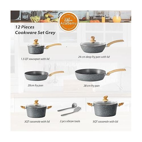  Kitchen Academy Pot and Pan Set 12-Piece Non-Stick Coating Cookware Set with Lid, Pots and Pans Set for Induction, Gas Hobs and Microwave, Grey