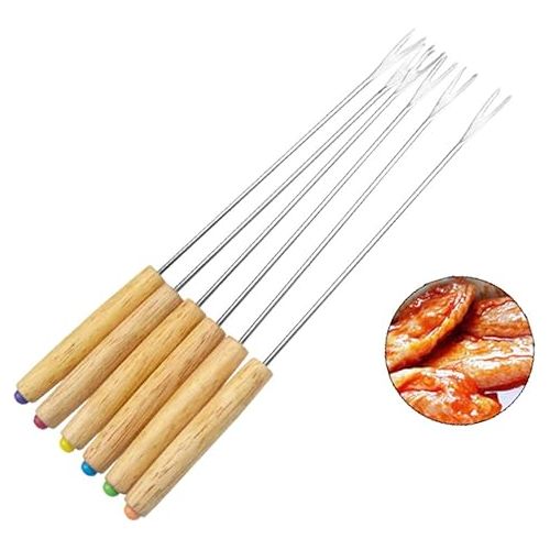  Hoshen Set of 6 Chocolate Forks, Fondue Forks, Wooden Handle, Stainless Steel