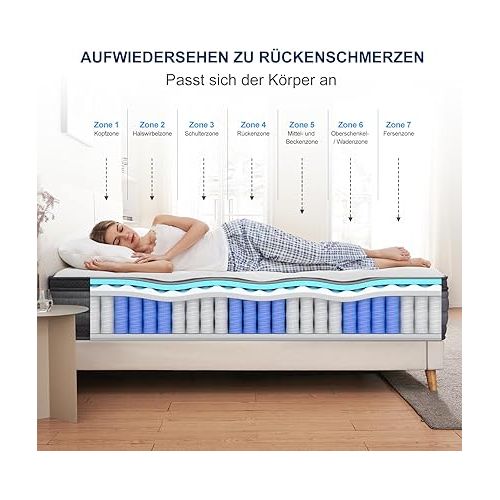  Molblly Mattress 140 x 200 cm 7-Zone Height 25 cm Hardness H3 Spring Mattress Oeko-Tex Certified Orthopaedic Pocket Spring Mattress with Foam and Microfibre Cover 140 x 200 cm