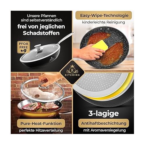  K KITCHING® Frying Pan 28 cm with Lid Suitable for Induction Cookers, 3-Layer Non-Stick Coating, Scratch-Resistant, PFOA-Free & Ergonomic Stainless Steel Handles, Oil-Free Cooking, Easy Wipe