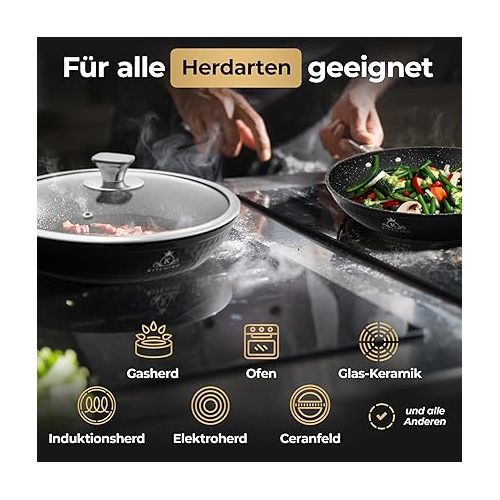  K KITCHING® Frying Pan 28 cm with Lid Suitable for Induction Cookers, 3-Layer Non-Stick Coating, Scratch-Resistant, PFOA-Free & Ergonomic Stainless Steel Handles, Oil-Free Cooking, Easy Wipe