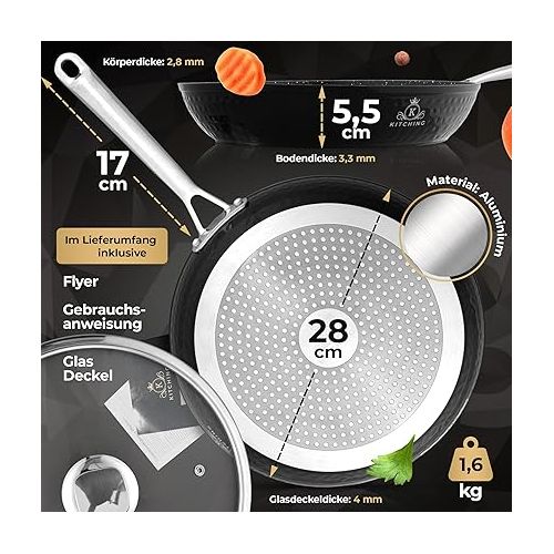  K KITCHING® Frying Pan 28 cm with Lid Suitable for Induction Cookers, 3-Layer Non-Stick Coating, Scratch-Resistant, PFOA-Free & Ergonomic Stainless Steel Handles, Oil-Free Cooking, Easy Wipe