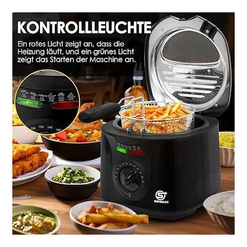  SUPERLEX 2-Litre Electric Fryer with Oil 1300 Watt, Capacity 1.3 kg Compact Pot Fryer, Removable Steel Basket, Non-Stick Bucket, Lid with Porthole, Adjustable Temperature 80-190°C