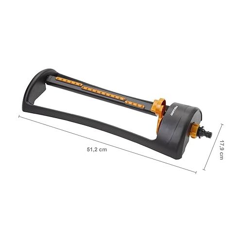  Fiskars Water-Saving Sprinkler L, Easy Adjustment of Range, Robust Metal Base, Universal Size, 17.5 x 19 m Range, 1.4 kg, Black/Orange, 1023661