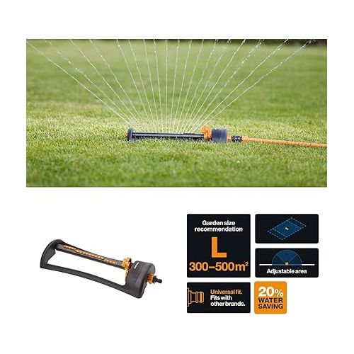  Fiskars Water-Saving Sprinkler L, Easy Adjustment of Range, Robust Metal Base, Universal Size, 17.5 x 19 m Range, 1.4 kg, Black/Orange, 1023661