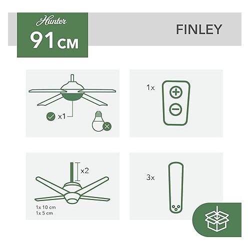  HUNTER Finley 50643 91 cm Indoor Ceiling Fan with Light/Remote Control, Brushed Nickel Housing, 3 Reversible Black Walnut and Natural Wood Blades for Summer/Winter