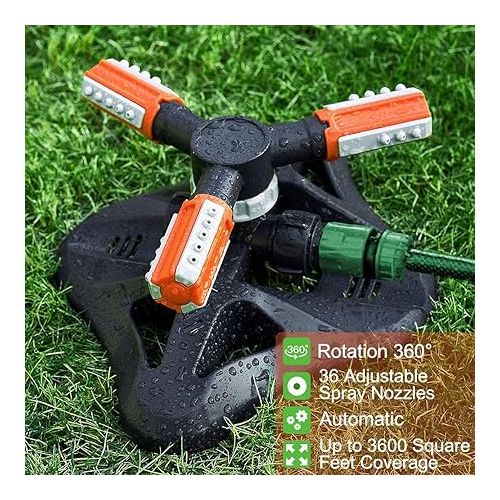  Garden Sprinkler, Automatic 360 Degree Rotating Lawn Water Sprinkler, 3-Arm Sprinkler, Gardena Rotating Sprinkler Sprinkler for Watering Systems for Lawn, Plants, Flowers, Vegetables