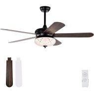 COSTWAY Ceiling Fan with Lighting, 132 cm Ceiling Fan with Remote Control, Crystal Ceiling Fan with 3 Wind Speeds and 5 Reversible Blades, Holds Bulbs E27 x 3 (not included)