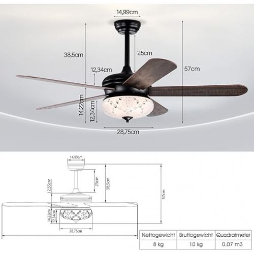  COSTWAY Ceiling Fan with Lighting, 132 cm Ceiling Fan with Remote Control, Crystal Ceiling Fan with 3 Wind Speeds and 5 Reversible Blades, Holds Bulbs E27 x 3 (not included)