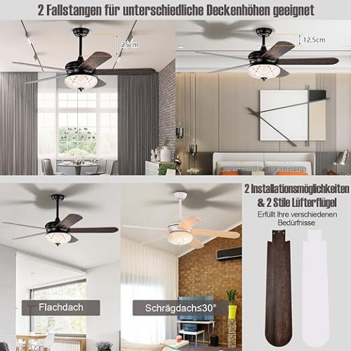  COSTWAY Ceiling Fan with Lighting, 132 cm Ceiling Fan with Remote Control, Crystal Ceiling Fan with 3 Wind Speeds and 5 Reversible Blades, Holds Bulbs E27 x 3 (not included)