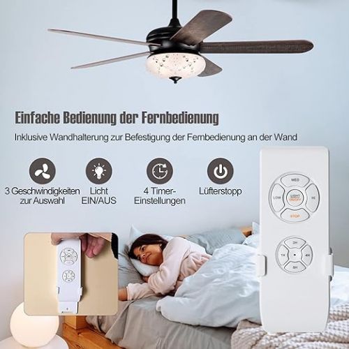  COSTWAY Ceiling Fan with Lighting, 132 cm Ceiling Fan with Remote Control, Crystal Ceiling Fan with 3 Wind Speeds and 5 Reversible Blades, Holds Bulbs E27 x 3 (not included)