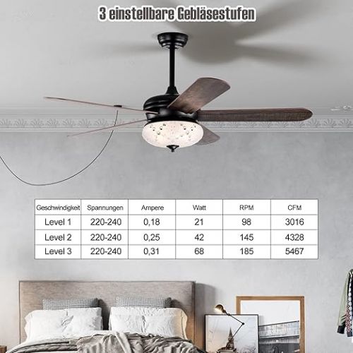  COSTWAY Ceiling Fan with Lighting, 132 cm Ceiling Fan with Remote Control, Crystal Ceiling Fan with 3 Wind Speeds and 5 Reversible Blades, Holds Bulbs E27 x 3 (not included)