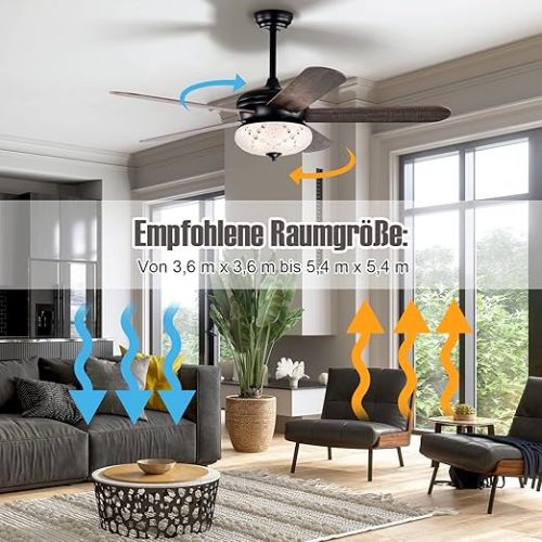  COSTWAY Ceiling Fan with Lighting, 132 cm Ceiling Fan with Remote Control, Crystal Ceiling Fan with 3 Wind Speeds and 5 Reversible Blades, Holds Bulbs E27 x 3 (not included)